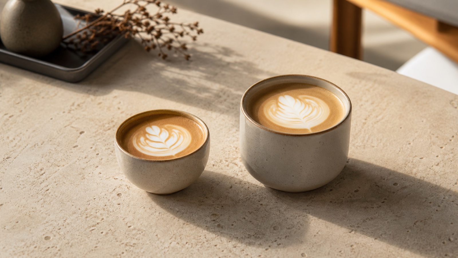 A smaller flat white and a larger latte with latte art on a stone table.