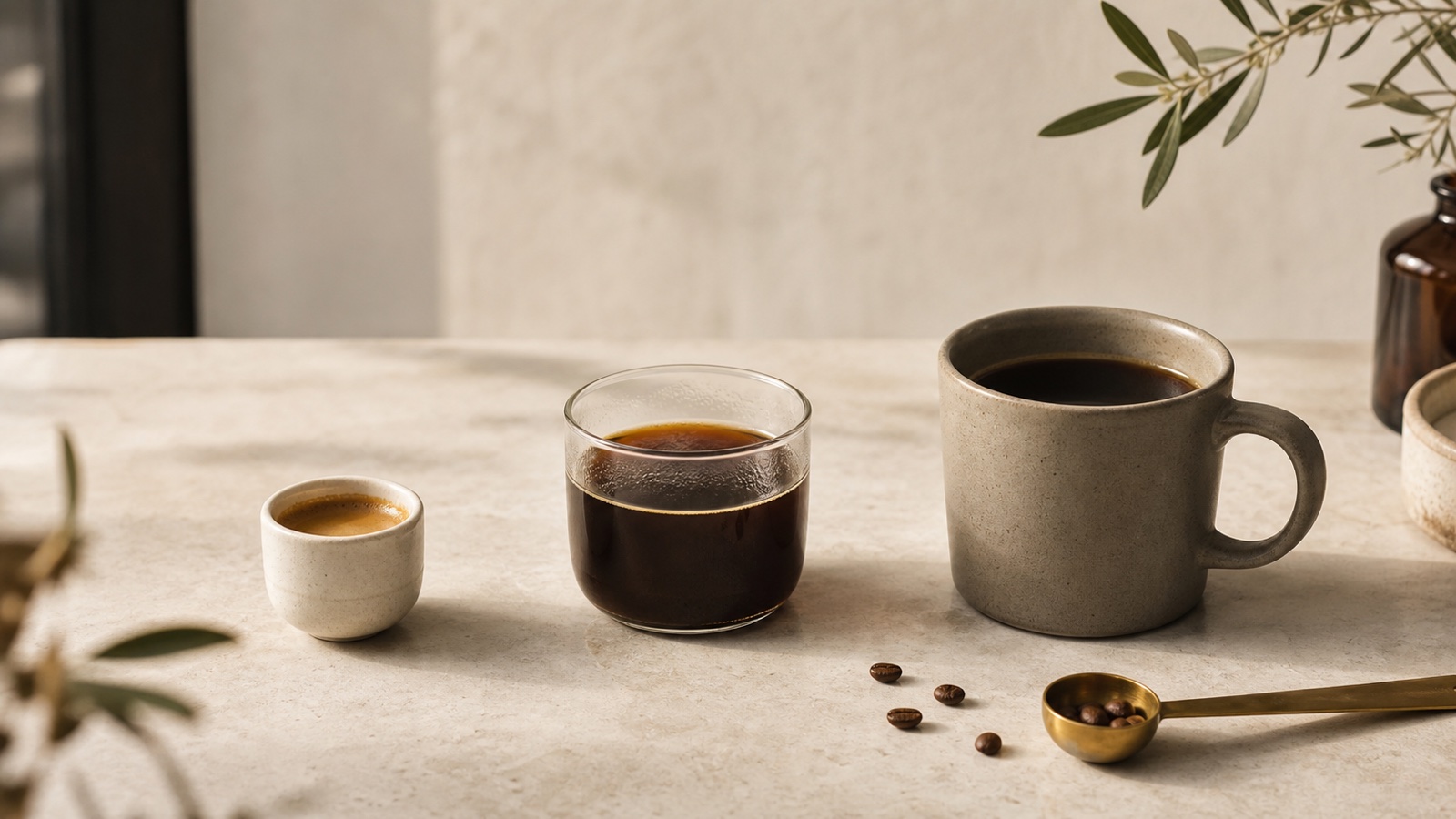 A small espresso, a larger Americano and a cup of drip coffee arranged side by side.
