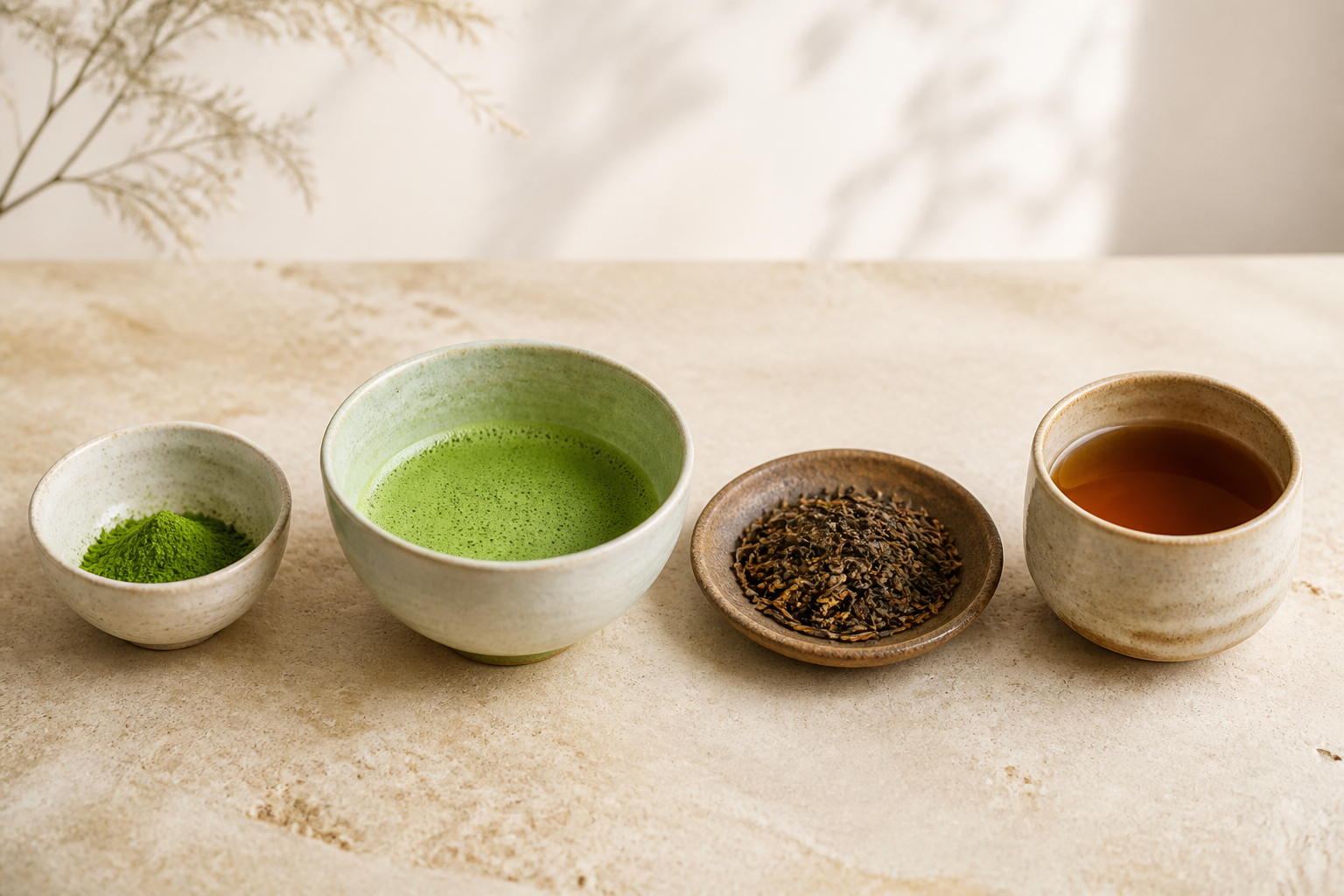A bowl of matcha powder and prepared matcha beside roasted hojicha tea material and a cup.