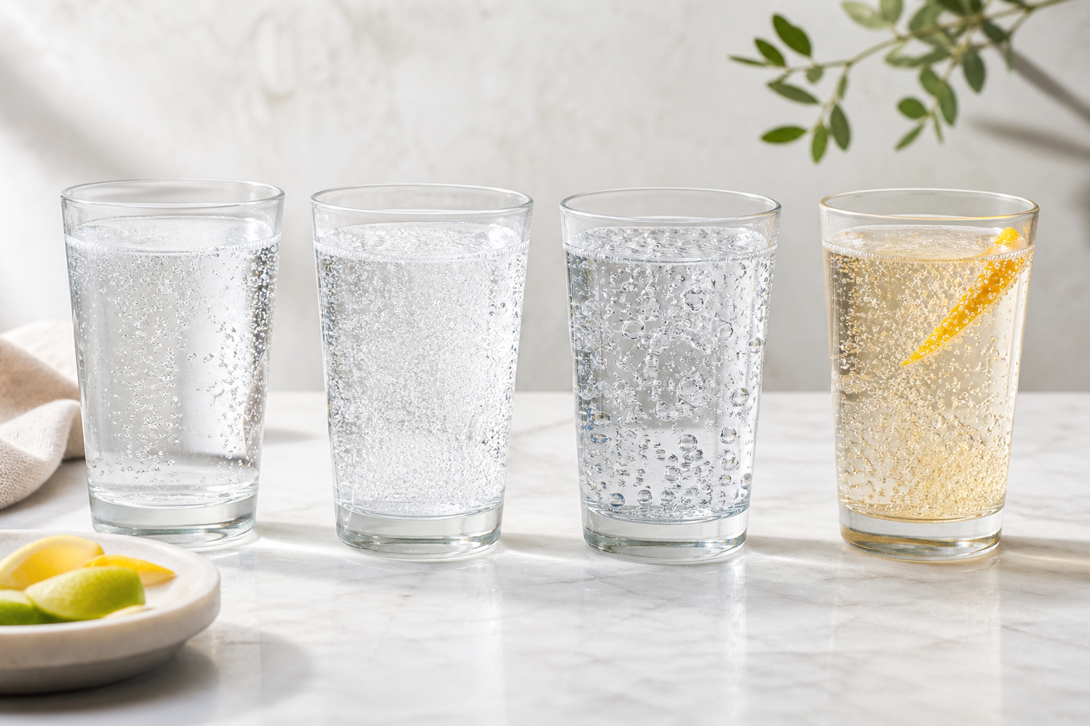 Four glasses of clear and lightly coloured carbonated drinks, one with a citrus peel.
