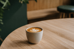 A compact milk coffee in a plain ceramic cup on a pale timber Melbourne café table.