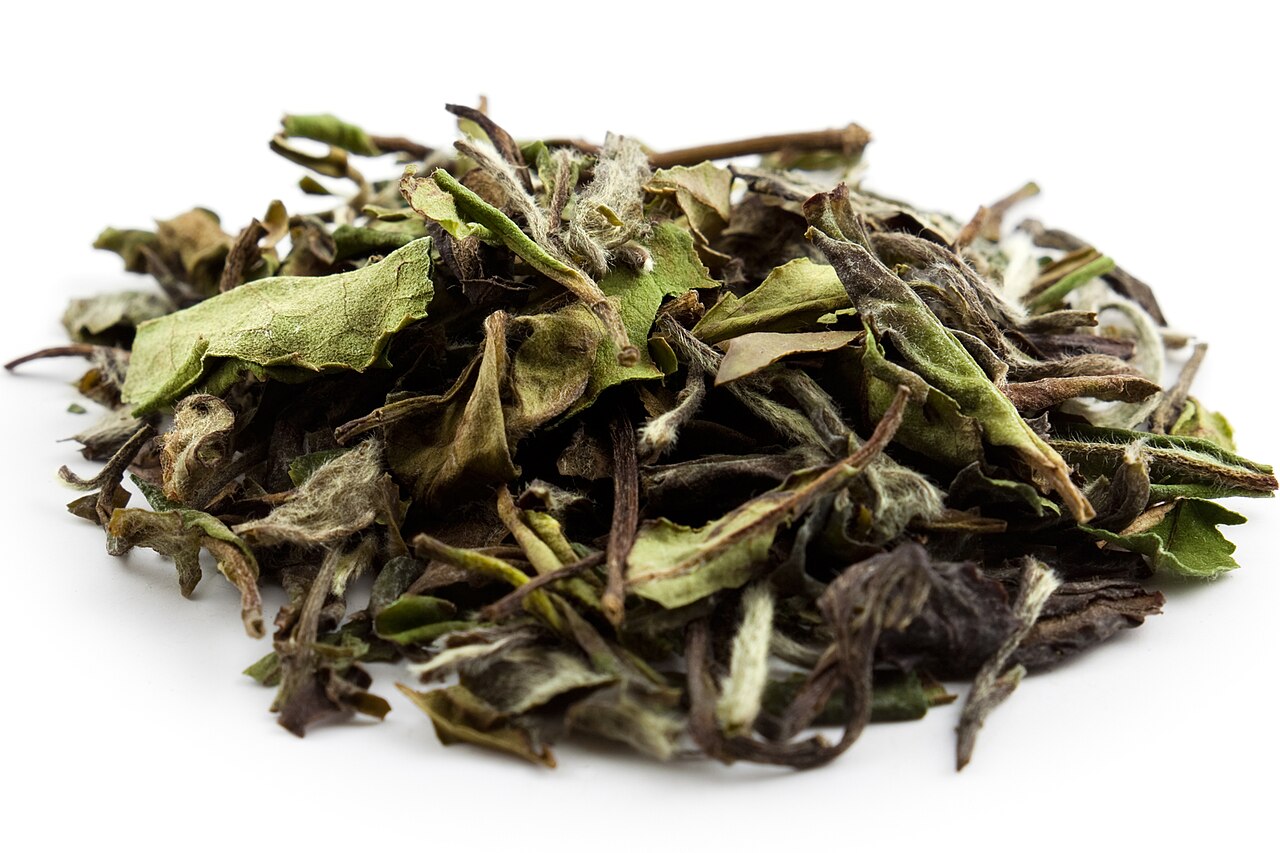 A heap of dry white tea leaves and buds, green, grey and brown with some downy silvery hairs, on a white background.